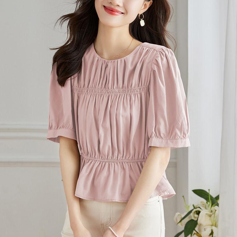 

French Style Short Shirt for Women In Summer New Design Niche Pleated Waist-hugging Shirt M