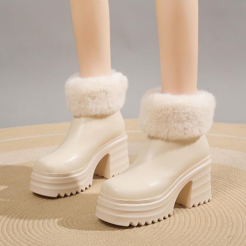 Fur Snow Boots Women's Sexy High Heels Shoes for Woman Fashion Ankle Boots Winter New Brand Warm Plush Cotton Mujer Botas