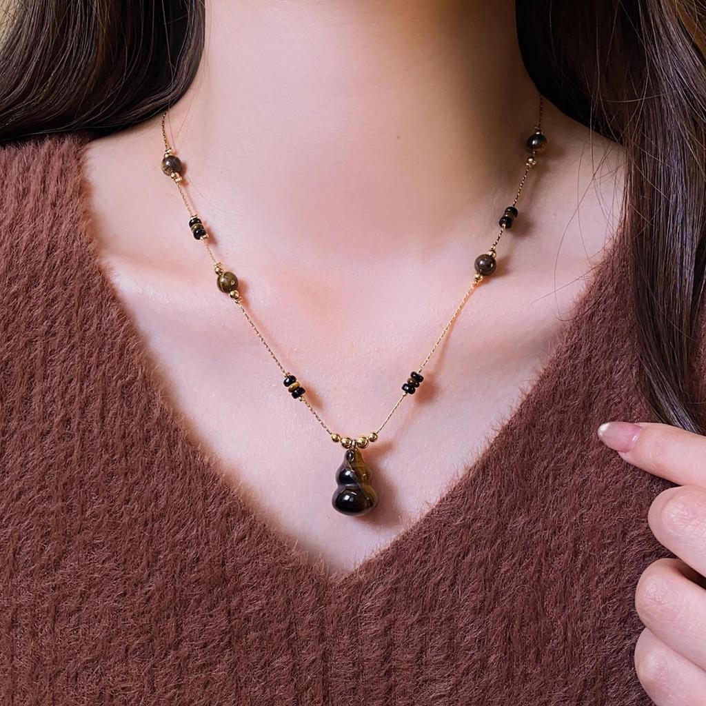 French Tiger's Eye Gourd Pendant Beaded Necklace - Melanin Light Luxury Niche Design Sweater Chain