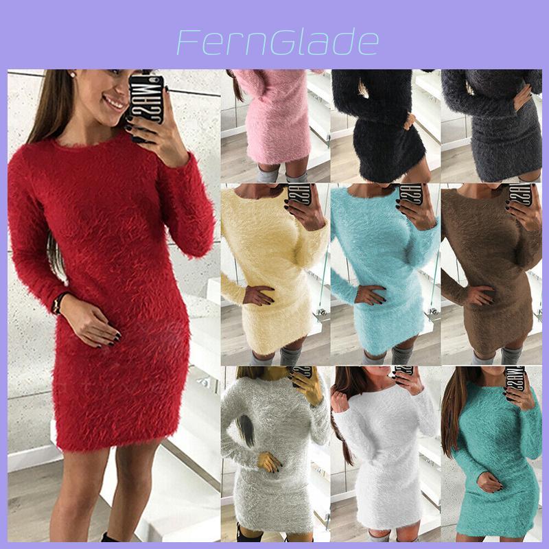 Ladies Soft Material Fluffy Long Sleeve Sweater Dress Stylish Bodycon Top