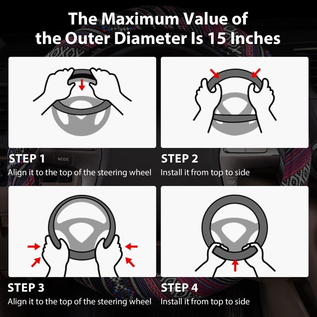 CAR PASS Boho Steering Wheel Cover, Ethnic Flax Cloth Universal Steering Wheel Cover,Anti-Slip Design, Fit 14.5-15 inches for Vehicles,Cars,SUV,Vans