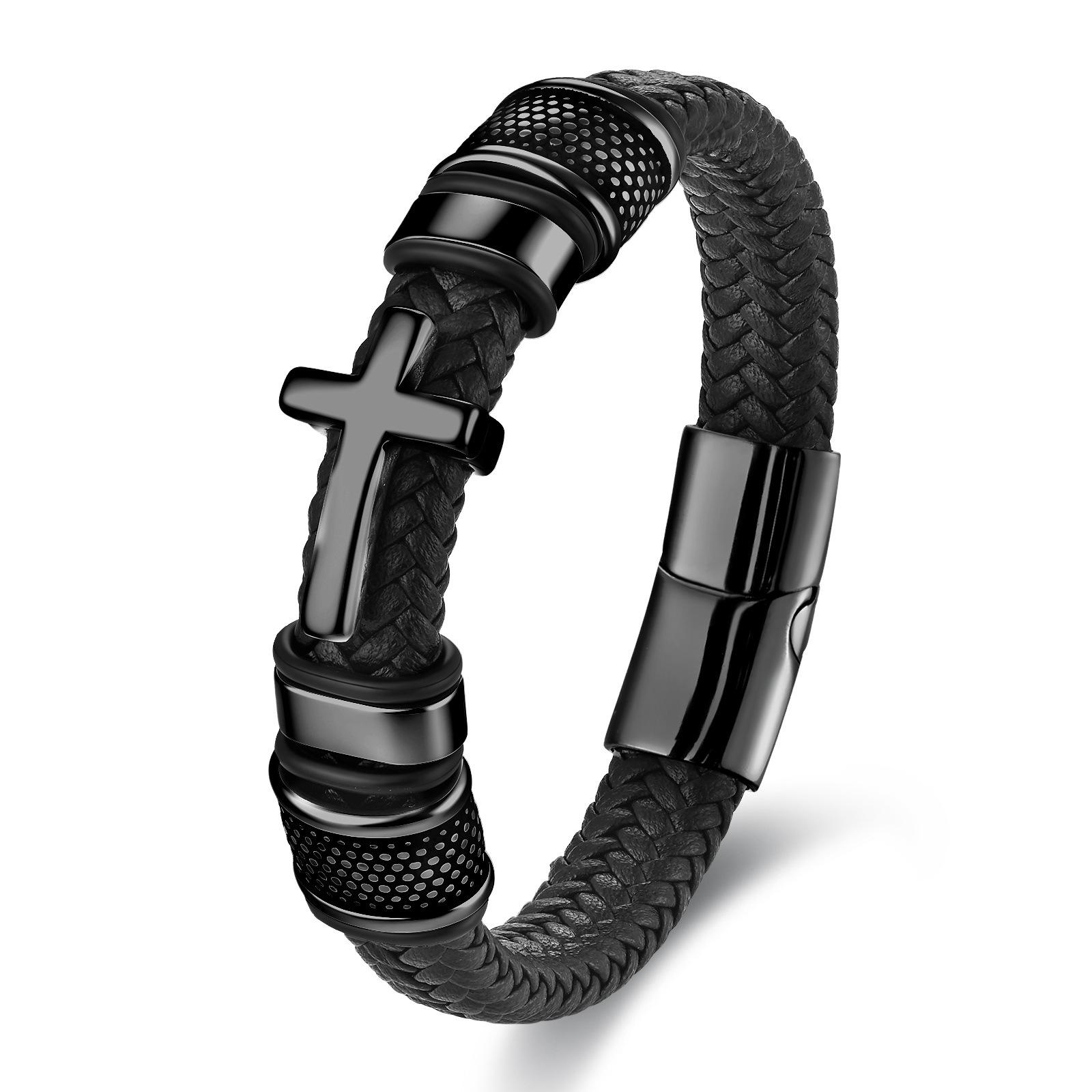 Cross Black Leather Rope Cowhide Men s Double Layer, Steel Braided Bracelet Handmade Leather Bracelet 2026 19CM