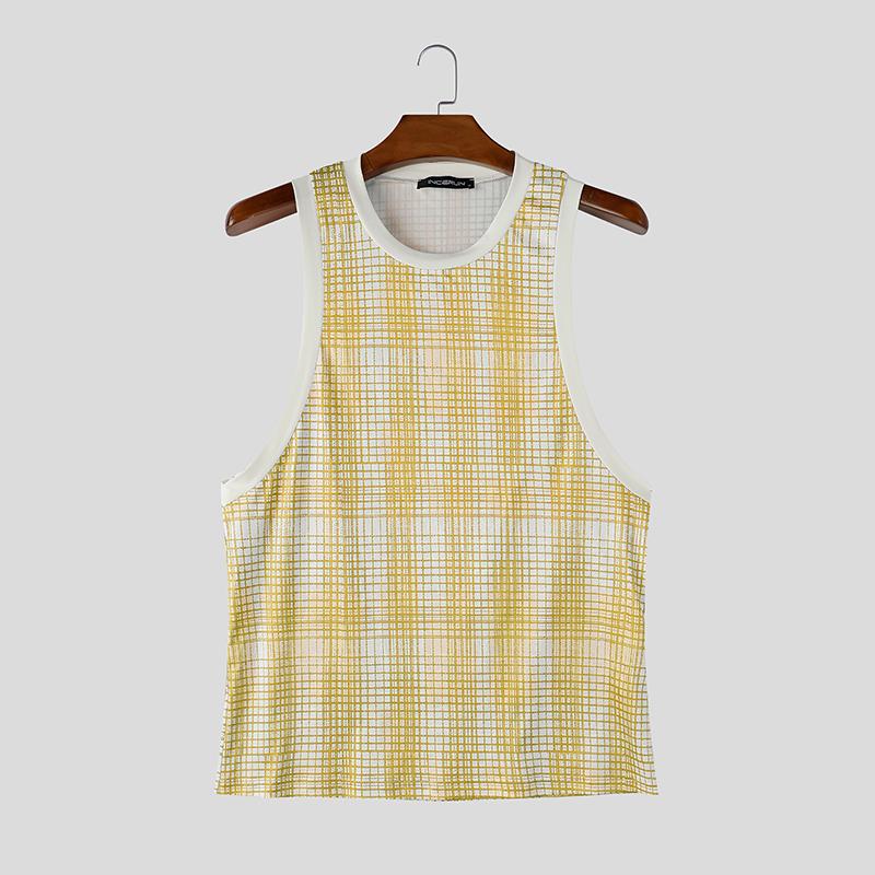 INCERUN Men Sleeveless Plaid Print Casual Sport Athletic Long Tank Tops Vest