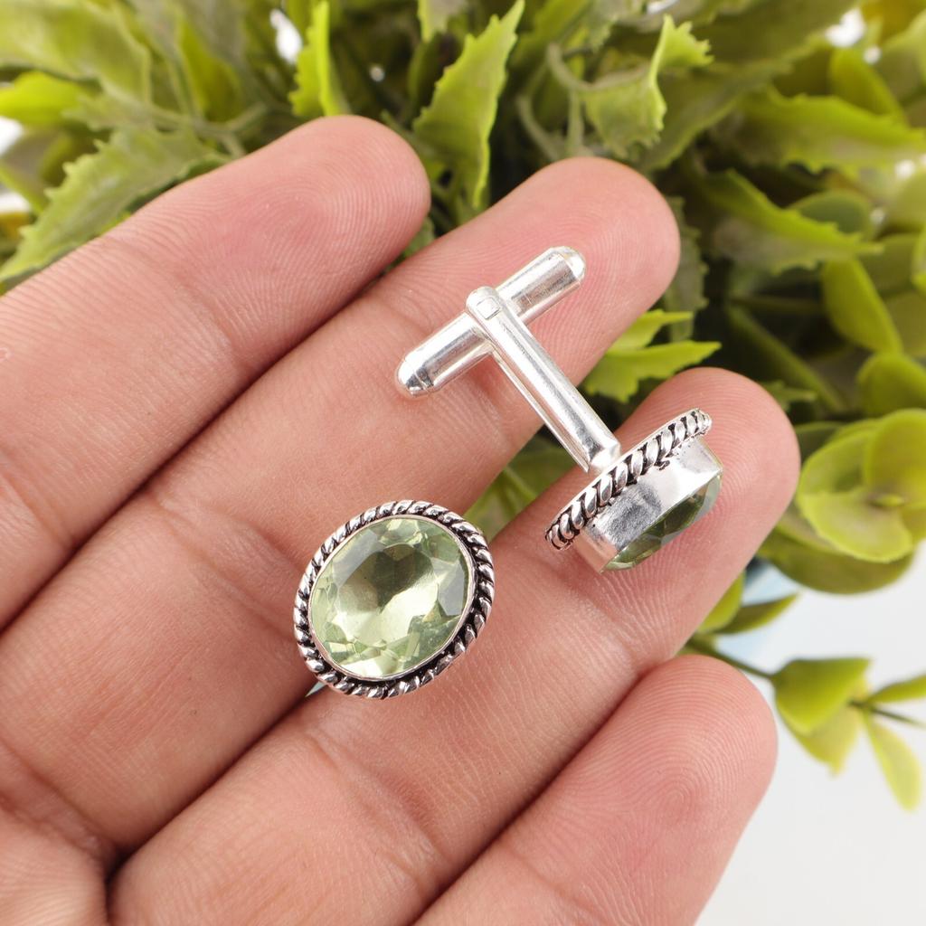 Green Amethyst Gemstone 925 Sterling Silver Cufflinks Men's Formal Business Gift CL-1-16