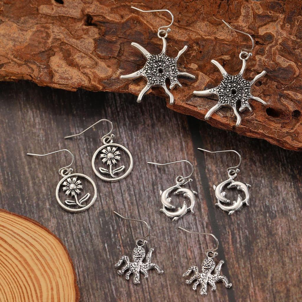 Retro Ethnic Style Ocean Sea Turtle Dolphin Octopus Starfish Flower Earrings For Women