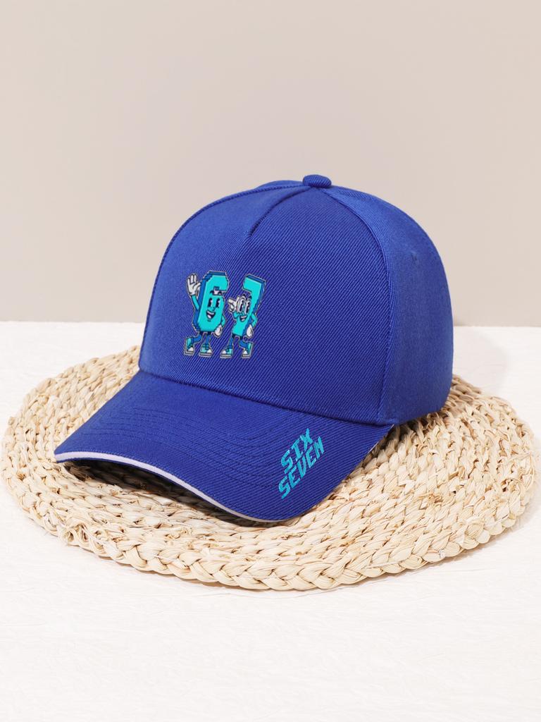 ¡1 pieza de gorra de béisbol fresca con estampado de dibujos animados de 67 píxeles! Fondo negro con etiqueta azul + transpirable y cómodo