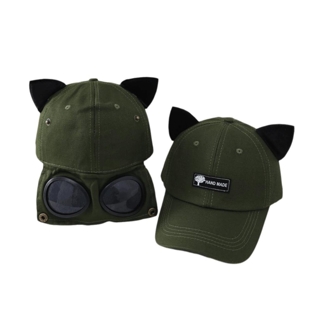 

Fashion Cat Ear Cat Ears Hat With Goggles Breathable Baseball Cap Sunshade Punk Pilot Cap Unisex Hip Hop Hat зелёный