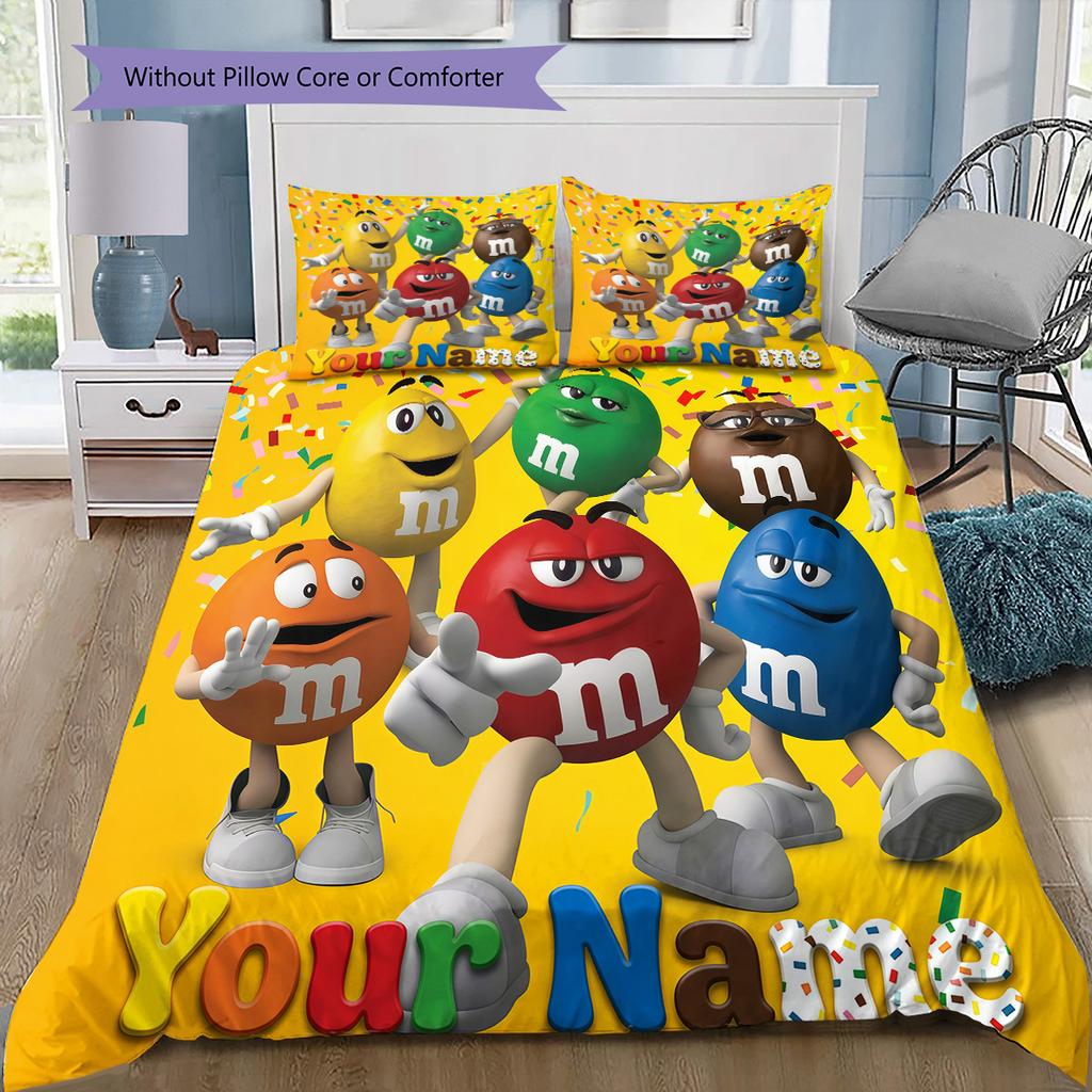Custom Name M&M's Celebration Bedding,Quilt Set Quilt Cover Pillowcase Home Birthday Gift (1 * Duvet Cover + 2 * Pillowcase, Without Core)