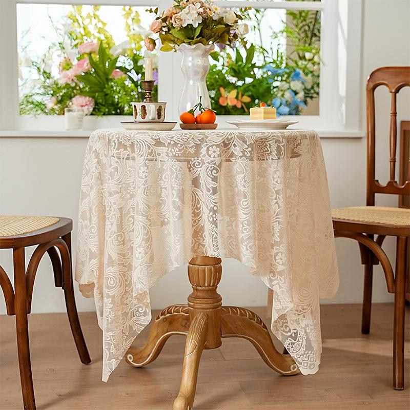 Elegant French White Lace Tablecloth - Solid Polyester, Round/Rectangular/Square Options for Dining and Coffee Tables, Perfect for Home Decor