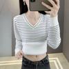 Fleece and Thickened Sweater Women's One-piece Fleece Top Women's Autumn and Winter V-neck Pullover Striped Long-sleeved Slim and Warm Knitted Sweater