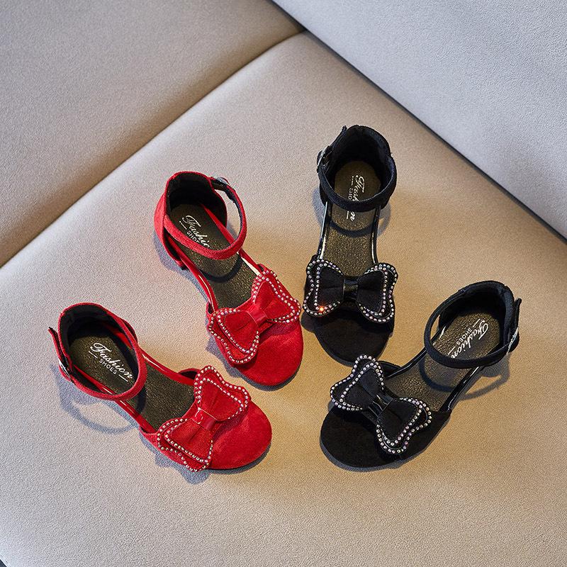 2024 New Children Girls Sandals Solid Color Bow Rhinestones Cute Kids Fashion Princess Elegant Mary Janes for Party Wedding Show