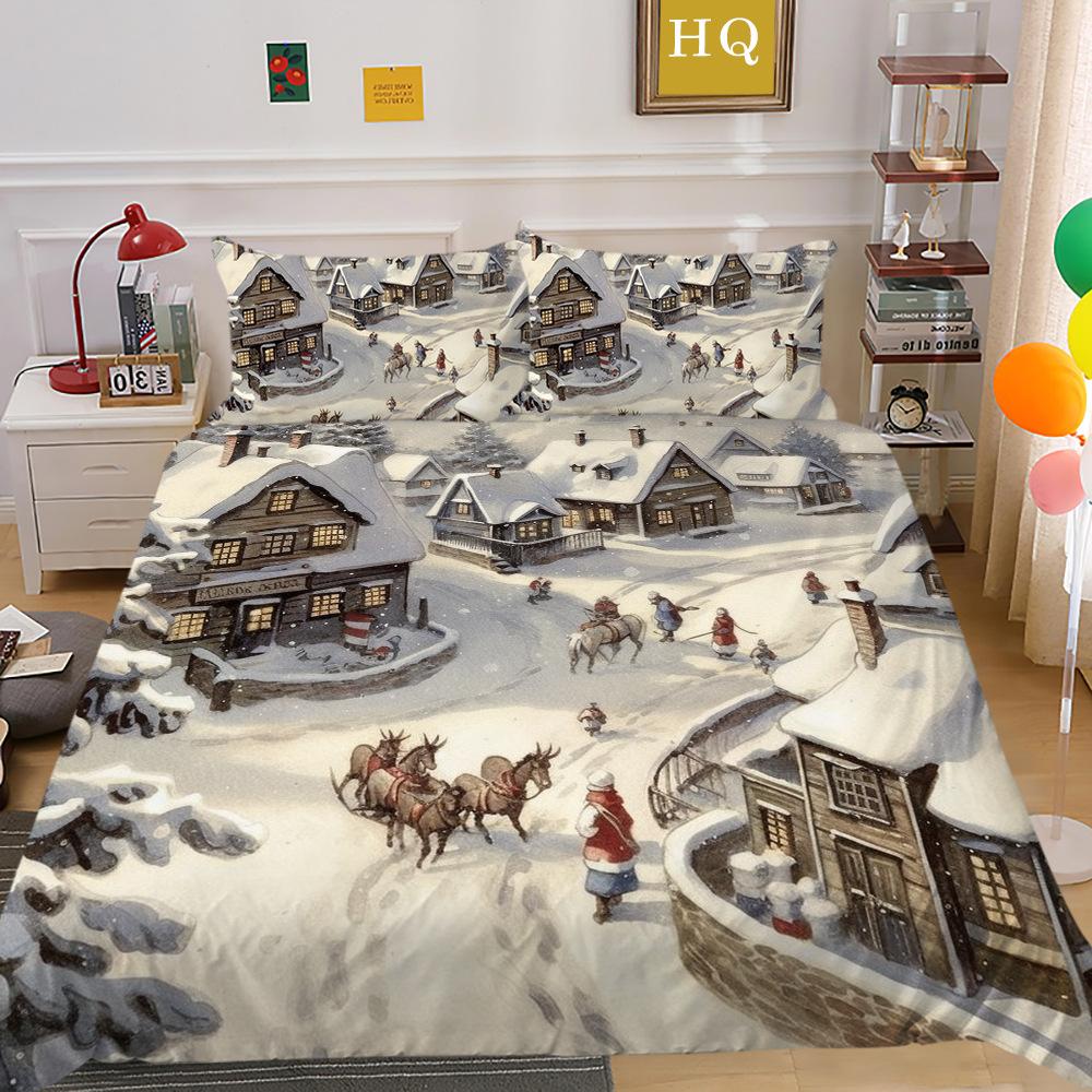 Christmas Carriage Snow Scene 3D Printed Polyester Pillowcase Quilt Cover Two Or Three-Piece Set Can Be