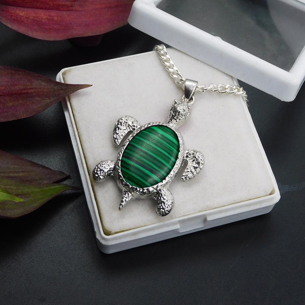 Silver 925 Beautiful Pendant With Chain 97.00 Ct Natural Turtle Fancy Green Jade P-2073-S