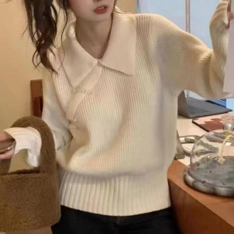 Polo collar loose pullover autumn and winter antique new top lazy chic knitted sweater women's trend