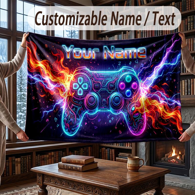 Game Controller Theme Throw Blanket Custom Name Text Personalized Blanket Soft Cozy Blanket for Home Sofa Bed