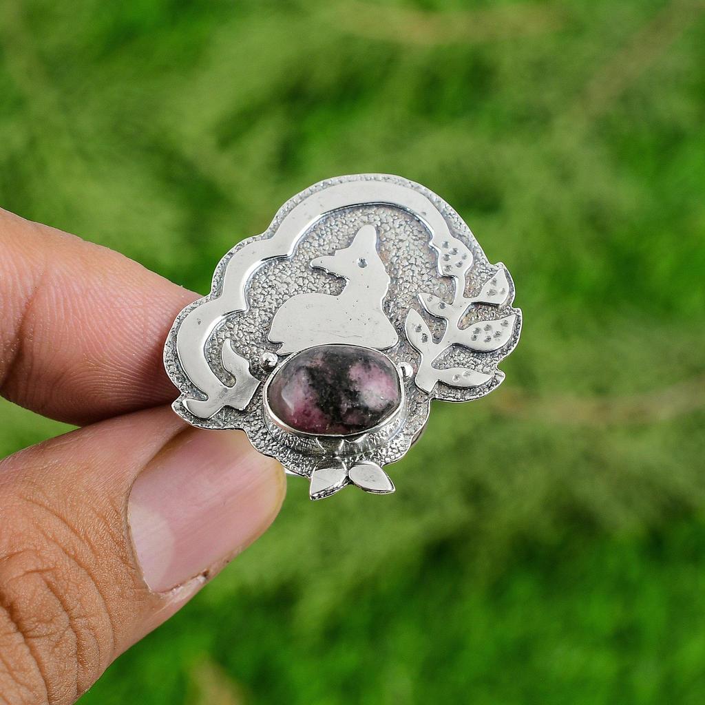 Mothers day Deal 925 Silver Oval Natural Rhodonite Wife Stackable Statement Ring