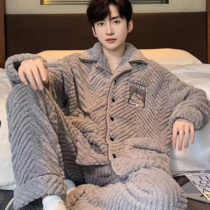 Men's pajamas coral fleece autumn and winter warm home leisure suits can be worn outside plush loungewear men's