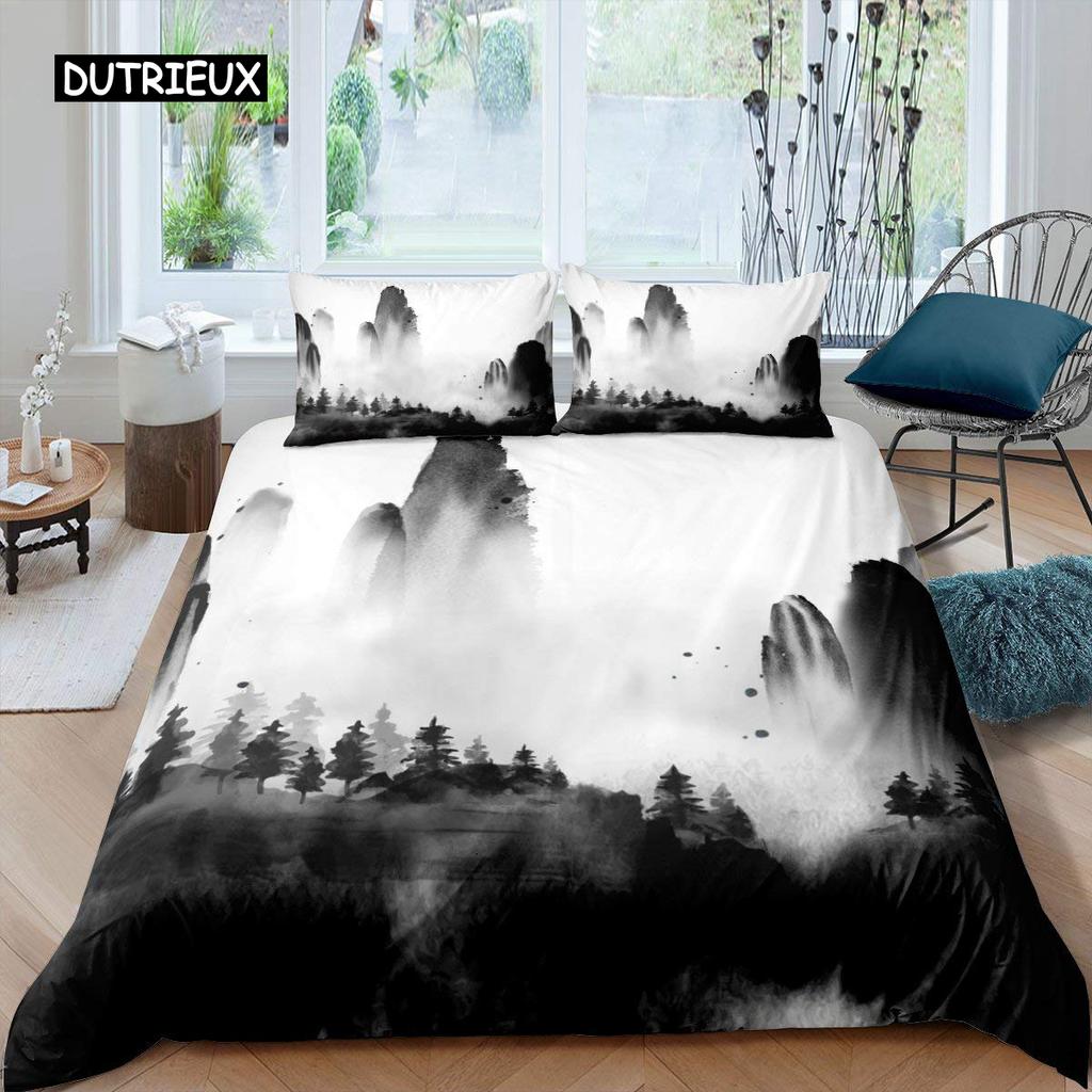 Smoky Mountain Duvet Cover Set Pine Trees Comforter Cover Boys Landscape Quilt Cover Natural Scenery Art Polyester Bedding Set