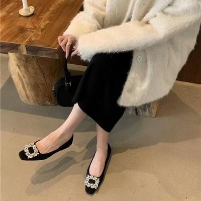 Black Commuter Square Head Rhinestone Single Shoes Women's Autumn 2025 New French Flat-bottomed High-end Beanie Shoes Casual Shoes