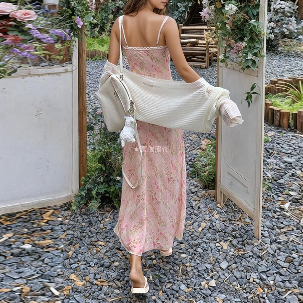 Women's Fresh and Sweet Waist Lace Patchwork Print Halter Dress