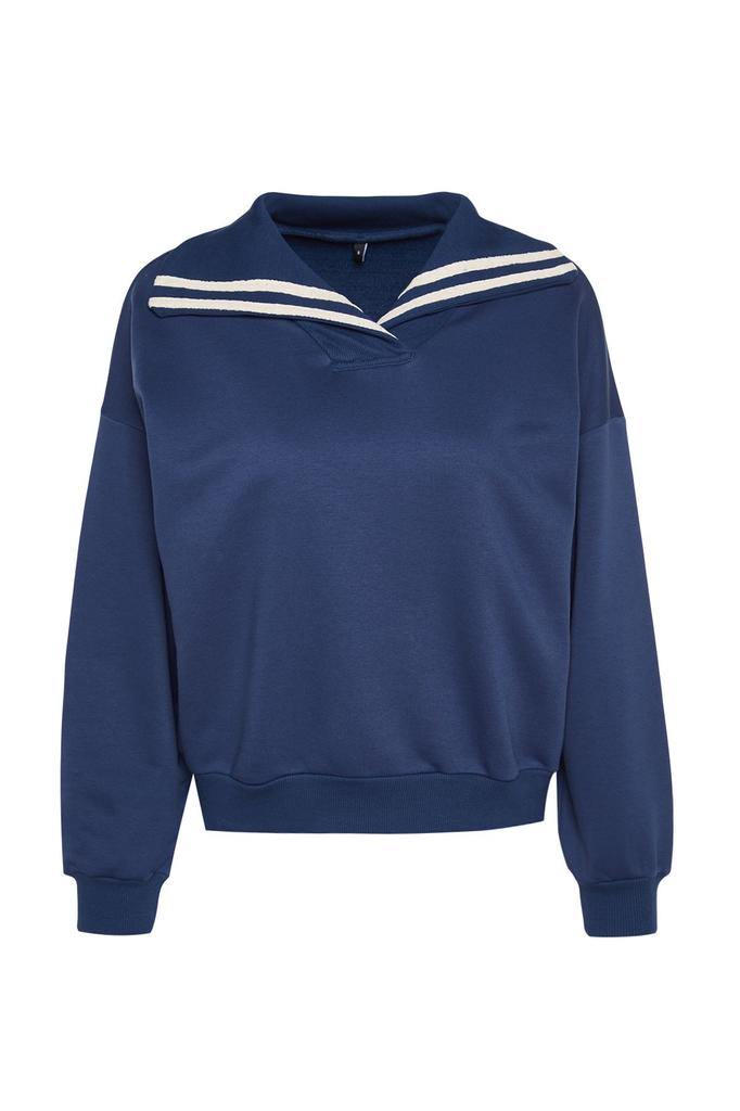Women's Fashionable Stylish Sweatshirt Navy Blue Oversize Wide Fit Knitwear Collar Detailed Diagonal Knitted Sweatshirt