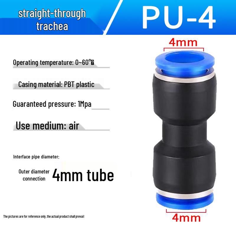 Pneumatic Air Tube Connector: PU8 Straight, PV10 Right-Angle Elbow, Quick-Insert, Butt Joint, Blue Plastic, PG6-4 Reducer.