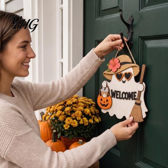 Pumpkin Theme Ornaments Halloween Ghost Welcome Door Hanger, Cute Wooden Sign with Witch Hat & Hanger Elements, Fall Indoor Outdoor Wall Decor