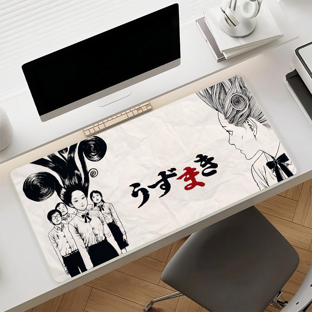 Antislip Gaming Desk Mat with Stitched EdgesVintage Horror Manga Style Spiral Girl Face Design Large Mouse Pad for Home Office