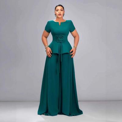 Plus Size Women's 2PCS Set Dark Green Short Sleeve Ruffle 3D Flower Top Wide Leg Pants Outfit