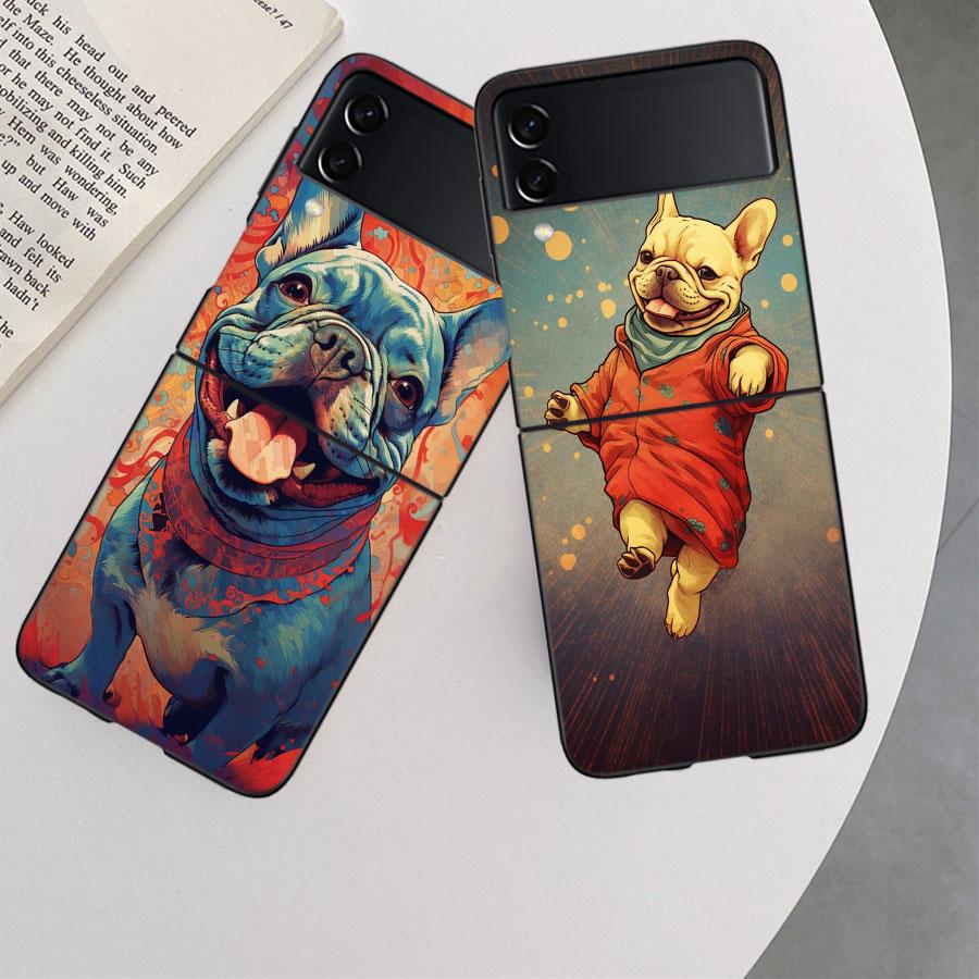 Französische Bulldogge Hund Mops Hülle Für Samsung Z Flip 6 5G Galaxy Z Flip 5 4 3 5G Schwarze Harte Handyhülle Luxuriöse PC Schale Coque