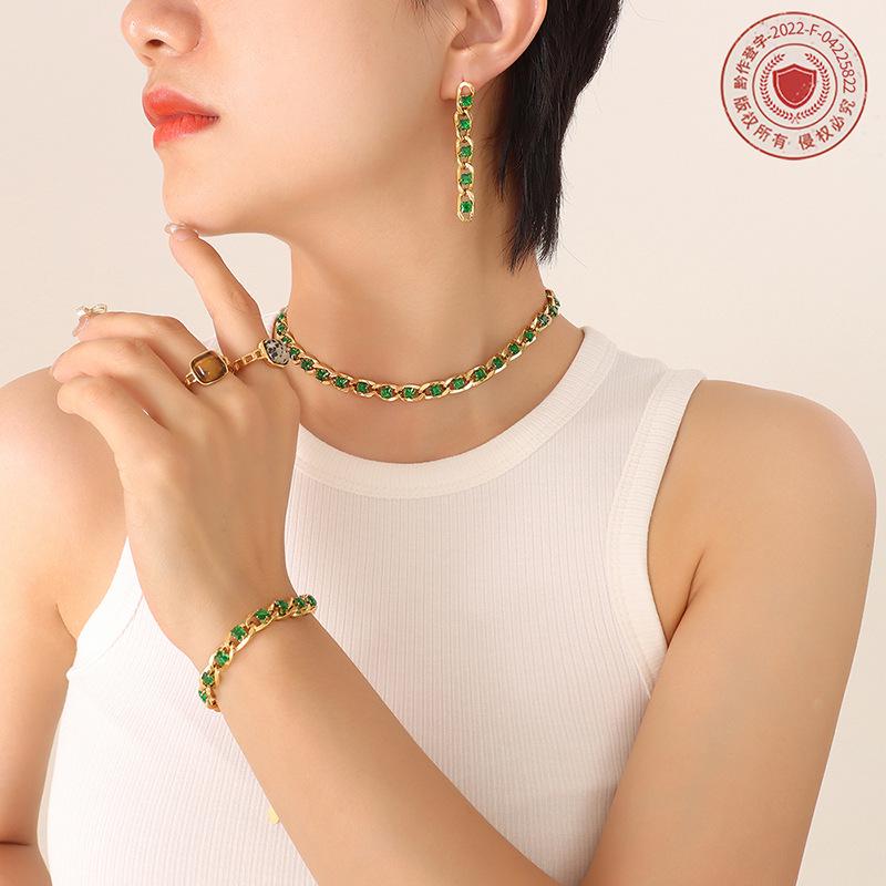 European Style Colorful Cubic Zirconia Jewelry Set with Diamond-Studded Necklace, Light Luxury Bracelet, and Exquisite Earrings