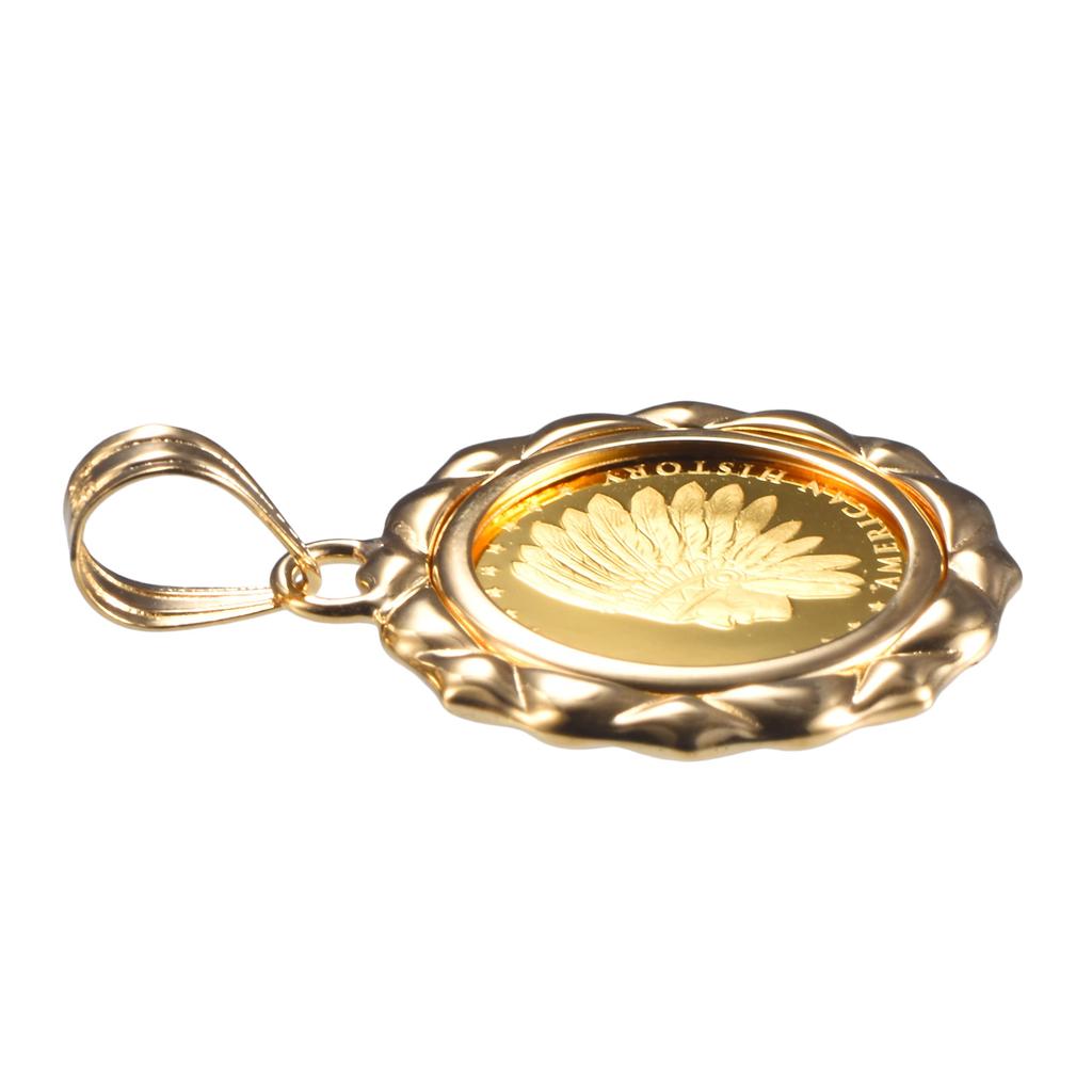 Speranza 24K Pure Gold Coin Indian Design 1 Pendant, Eagle, 1/25oz, Frame, Engraved, Unisex, No.