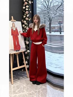Velvet-Lined Fur Collar Jacket & Wide-Leg Pants Winter Set