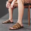 Men Handmade Simple Flats Sandals Summer Roman Sandals Retro Black Brown Leather Open Toe Beach Shoes Plus Size