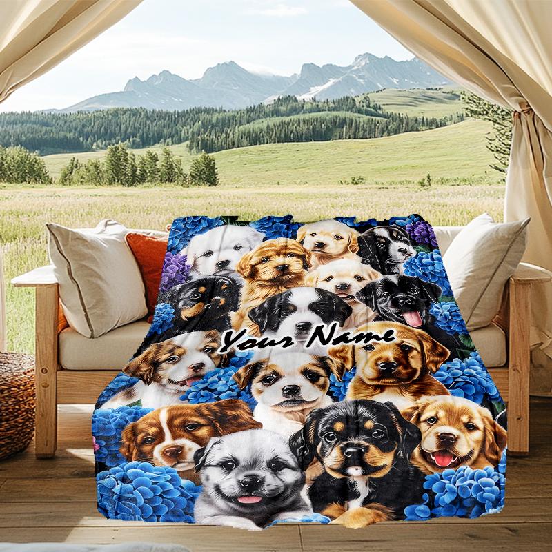 1PC Custom Name Puppies Blue Flowers Outdooor Flannel Blankets Patterns Throw Blanket All-Season Soft Gift for Couch, Bed, Camping Gifts