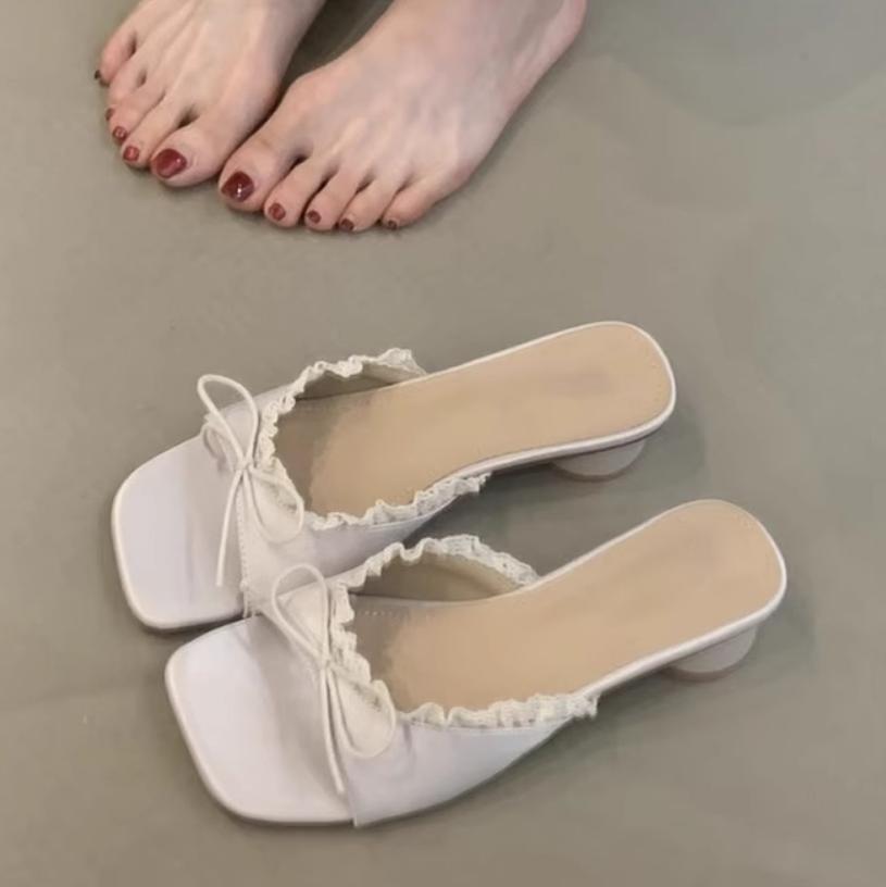 Designer Zomer Vlinderknoop Kant Dames Pantoffels Casual Dikke Lage Hak Jurk Straatstijl Slippers Pantuflas Chinelo Feminino