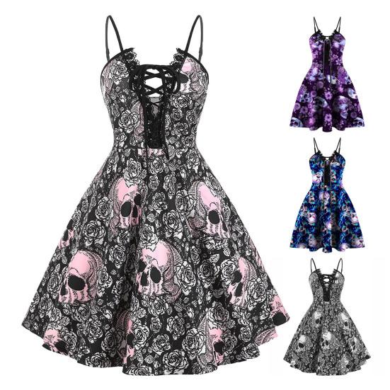 Rochie cu șantier, fără spate, cu șiretă în față, cusături din dantelă, tivul liber, rochie mini cu imprimare cu flori cu craniu amuzant