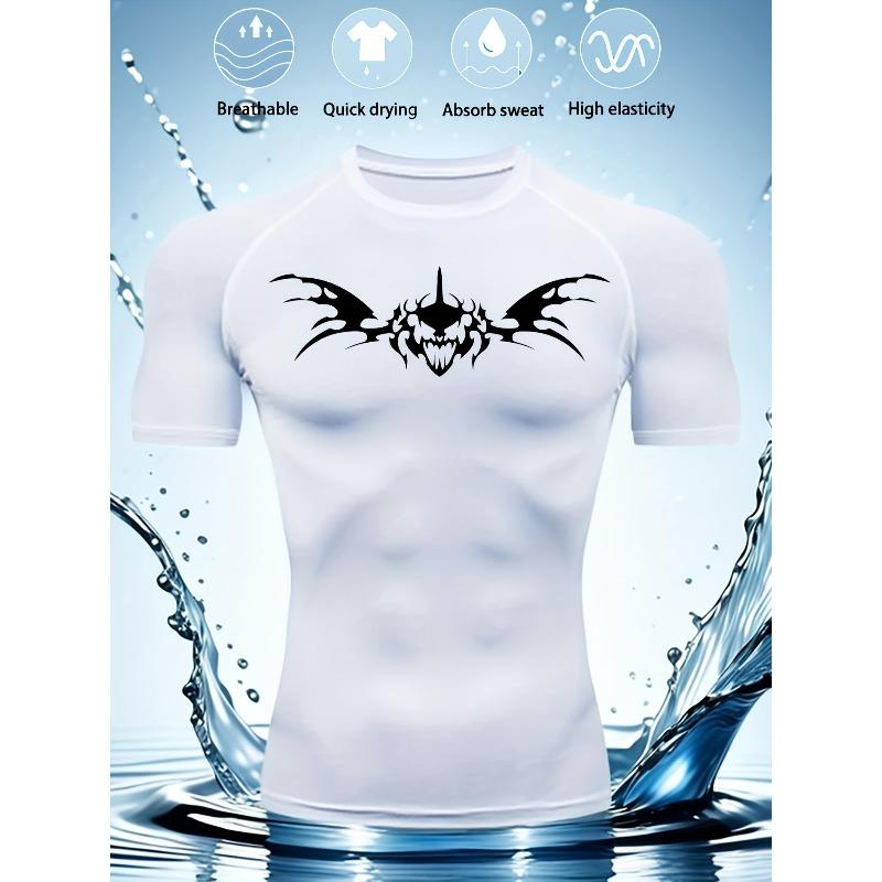 Mens Black Compression Short Sleeve T-Shirt White Tribal Skull With Wings Graphic Breathable Quick Dry High Elasticity Gym And MMA Athletic Top
