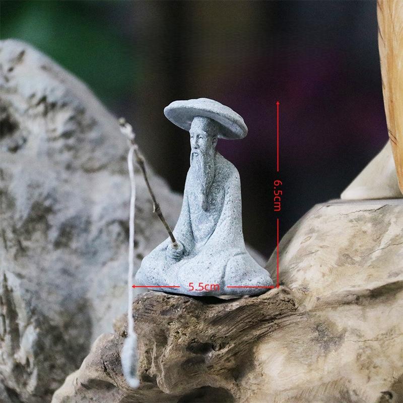 1 Stück Aquarium Mini Fischer Statue Asiatisch Zen Heimdekoration Aquarium Garten Sitzen Angeln Sandstein Vintage Ornament
