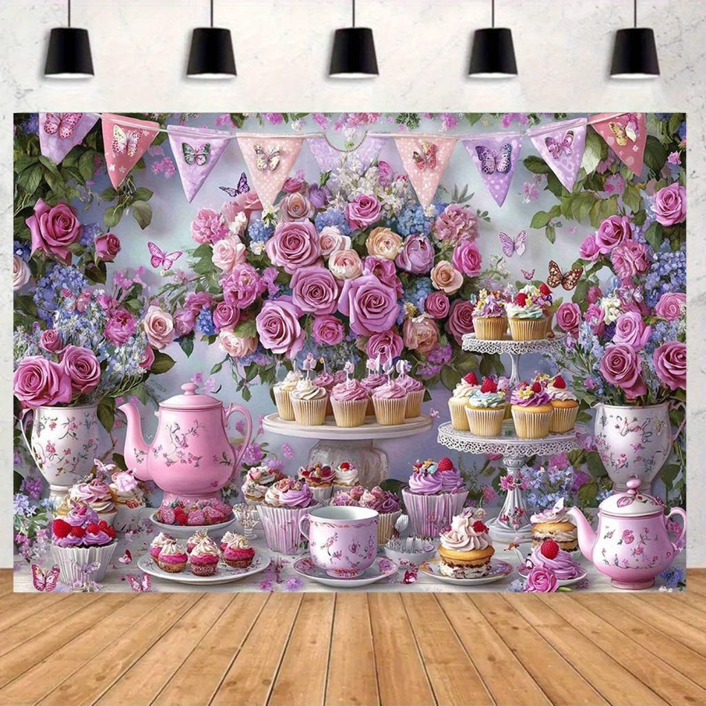 Een magisch tuinfeest met levendige bloemen en vlinders, met roze rozen, taarten en theepotten.