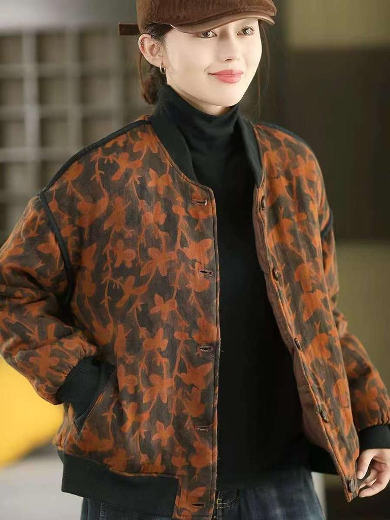 Johnature Women Vintage Print Floral Jackets Button Long Sleeve Winter Coats Warm Winter Casual Female Jackets