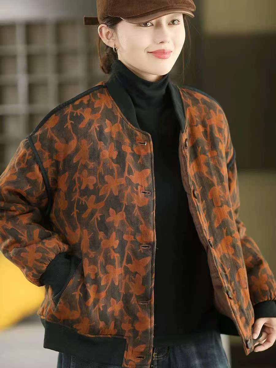 

Johnature Women Vintage Print Floral Jackets Button Long Sleeve Winter Coats Warm Winter Casual Female Jackets One Size