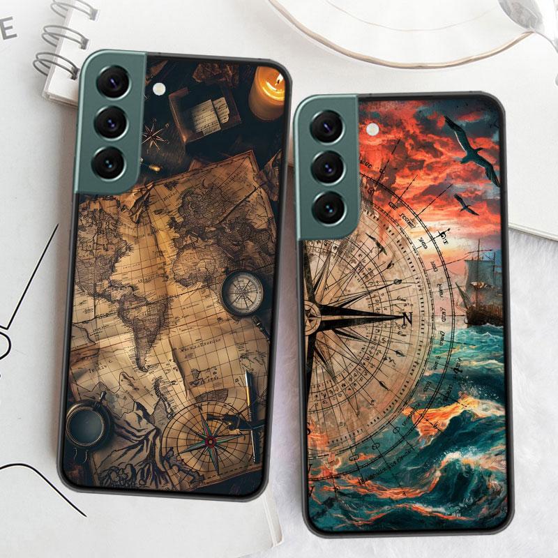 Compass Map Voyage Phone Case For Samsung Galaxy S22 S25 Ultra S21 S10 Plus S26 Edge S20 S23 S24 FE Cover Silicone Soft TPU
