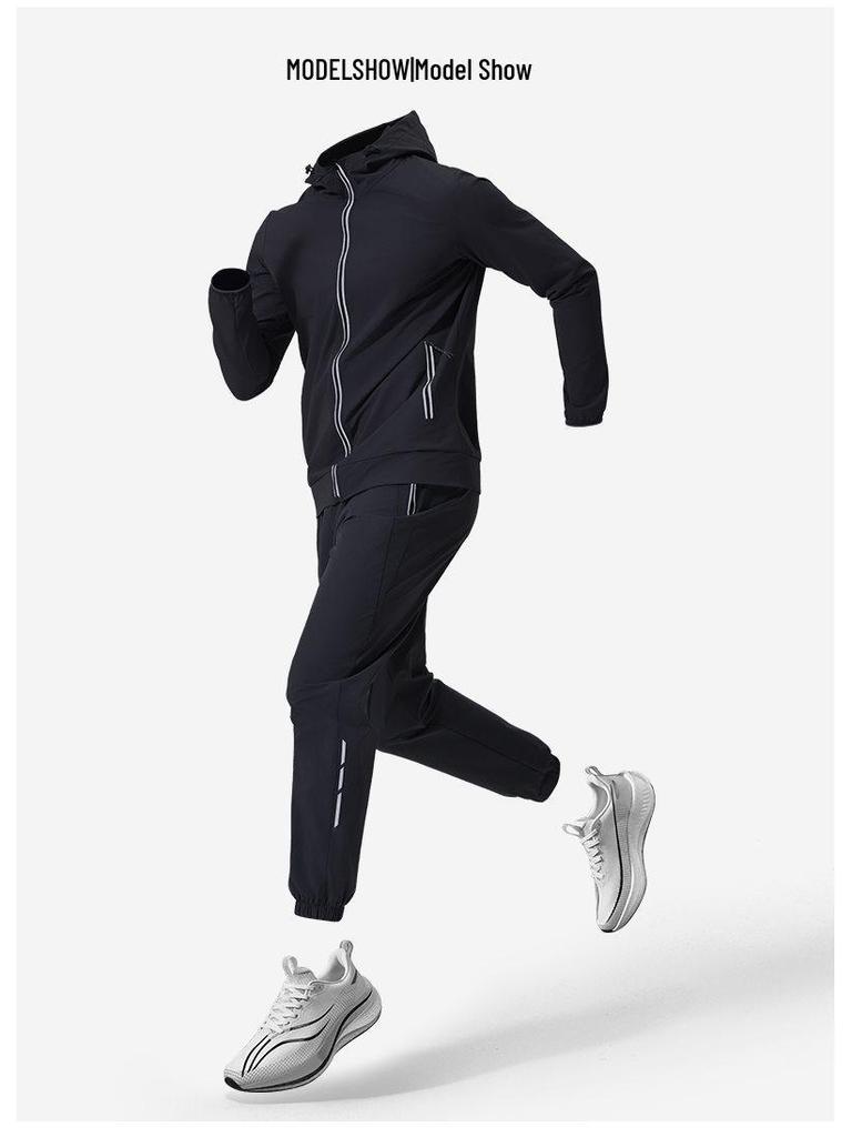 Men's Quick-Dry Hooded Jacket & Pants Running Set - Breathable, Sweat-Absorbing Training Outfit for Spring and Autumn