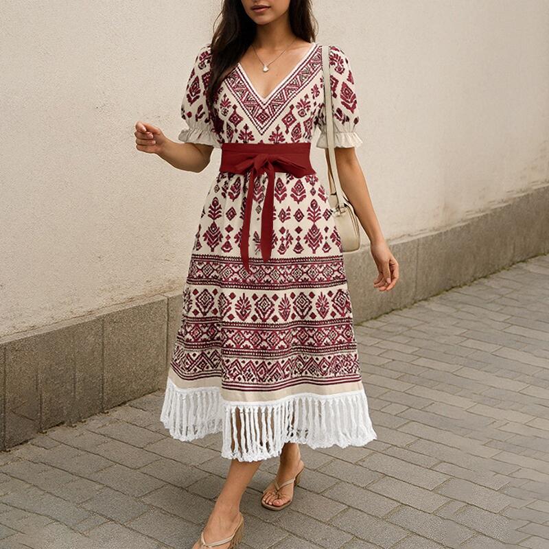 

ZANZEA Женское повседневное платье с V-образным вырезом, короткими рукавами и бахромой по подолу, летнее с принтом 4XL красный