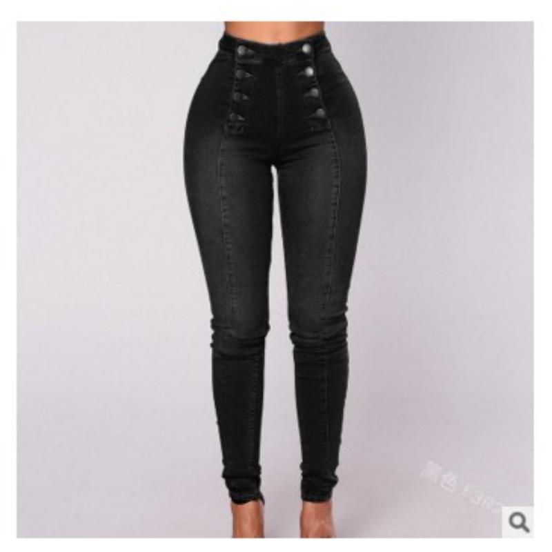 women's High Waist Double-Breasted Button Detail Stretch Skinny Denim Jeans