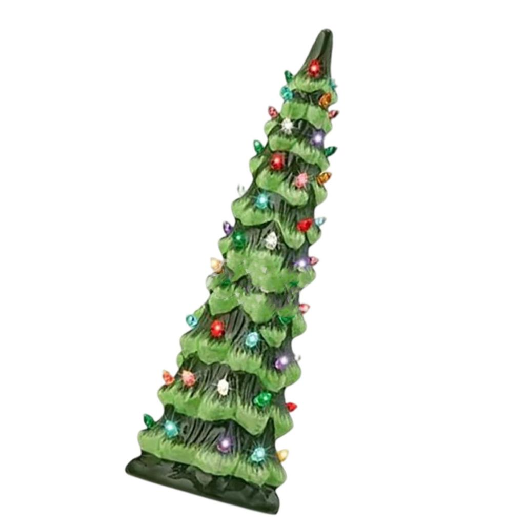 Glowing Christmas Tree Sculpture Resin Holiday Tree Desk Ornament with LED Light For Tabletop Mantels Holiday Decoration