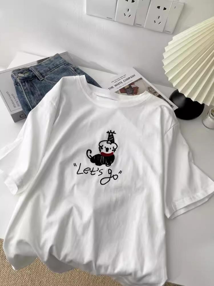 Korean Age-Reducing Red Scarf Puppy Embroidered Women's T-Shirt - Soft Cloud Cotton Brushed Short Sleeve Spring/Summer 2025