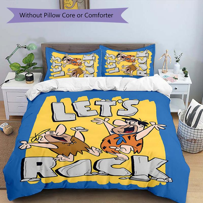 Flintstones 3pcs Bedding Set Duvet Cover Closure Includes 1 Duvet Cover & 2 Pillowcases for All Seasons Bedroom Home Dorm Decor