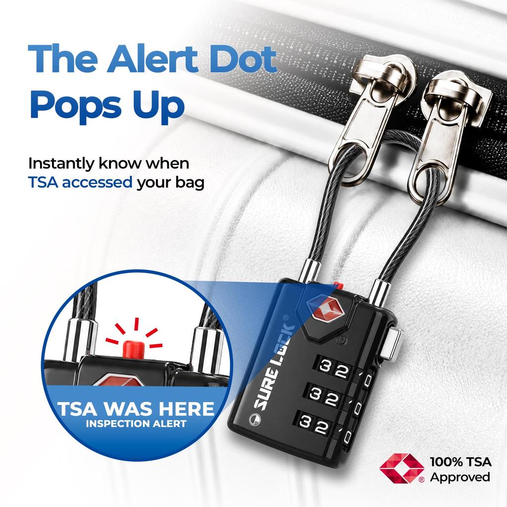 SURE LOCK TSA-approved travel luggage lock with inspection indicator and easy-to-read dial - 2-pack (2, black)